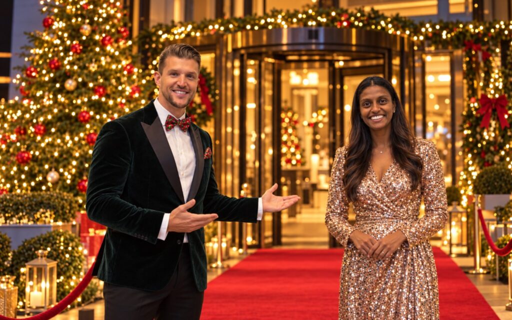 Hosts Jamie Clark and Lucindha in Christmas party outfits welcoming guests at a hotel entrance decorated for Christmas