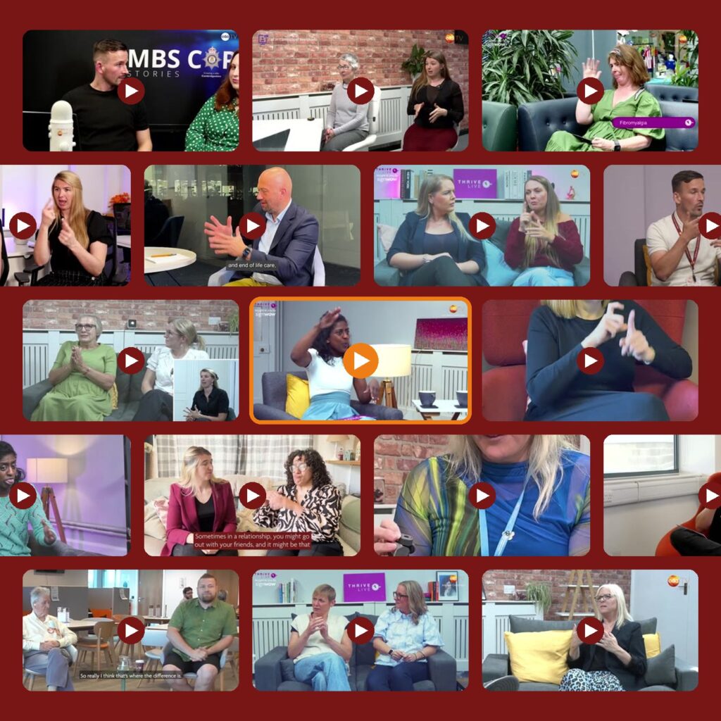 A grid of stills from CDA videos showing people signing in BSL