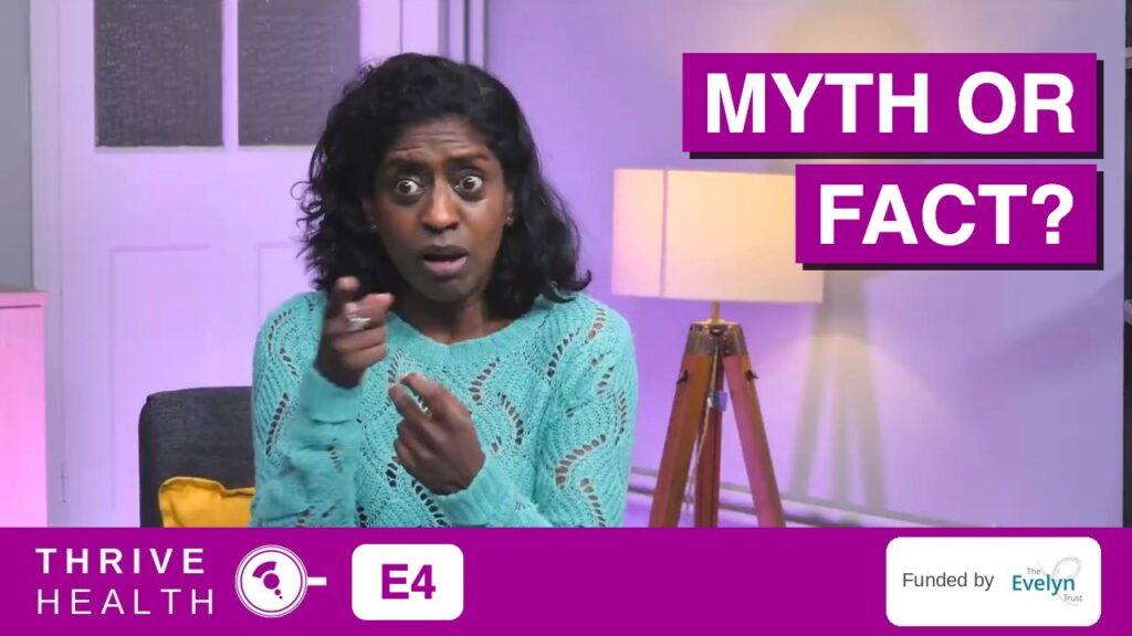 Thrive Health Episode 4: Nadia Nadarajah signing, with the words Myth or fact? Funded by The Evelyn Trust.