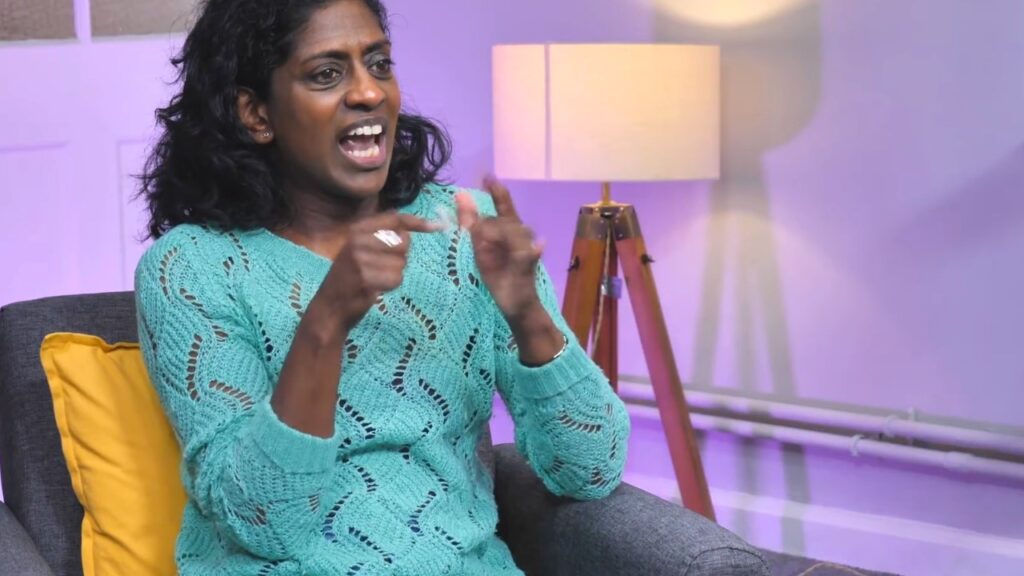 Nadia Nadarajah signing in the Thrive Live studio in Cambridge
