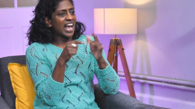 Nadia Nadarajah signing in the Thrive Live studio in Cambridge